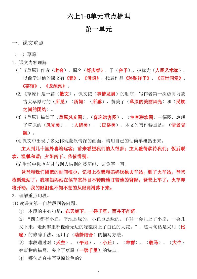六上1-8单元重点梳理（课文重点+语文园地）-流量卡商城 - 5G物联网无限速大流量卡_移动联通电信流量卡办理